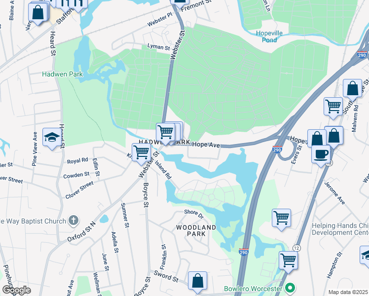 map of restaurants, bars, coffee shops, grocery stores, and more near 191 Hope Avenue in Worcester
