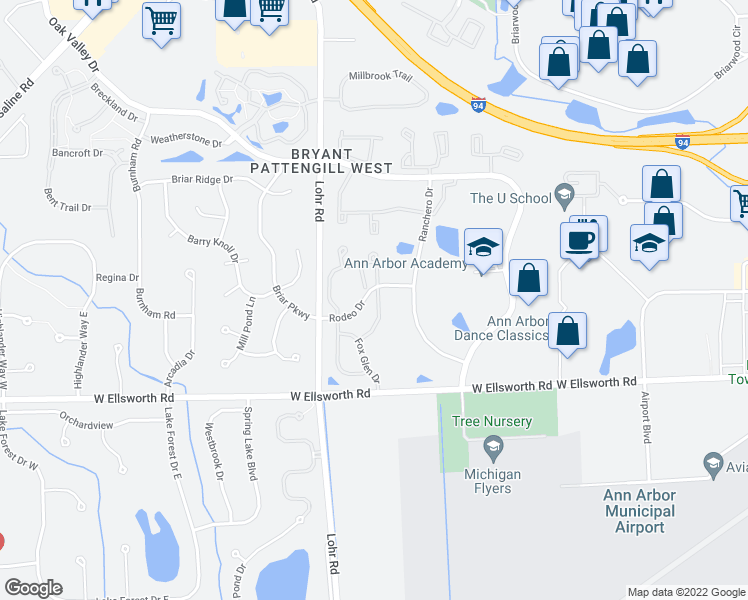 map of restaurants, bars, coffee shops, grocery stores, and more near 3800 Santa Fe Trail in Ann Arbor