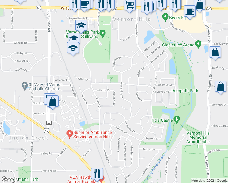 map of restaurants, bars, coffee shops, grocery stores, and more near 216 Autumn Lane in Vernon Hills