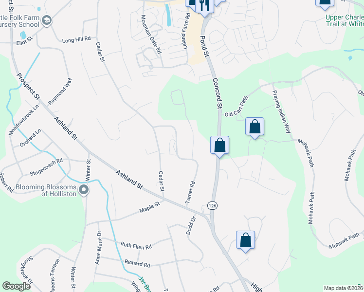 map of restaurants, bars, coffee shops, grocery stores, and more near 171 Turner Road in Holliston