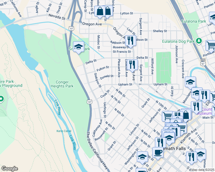 map of restaurants, bars, coffee shops, grocery stores, and more near 508 Upham Street in Klamath Falls