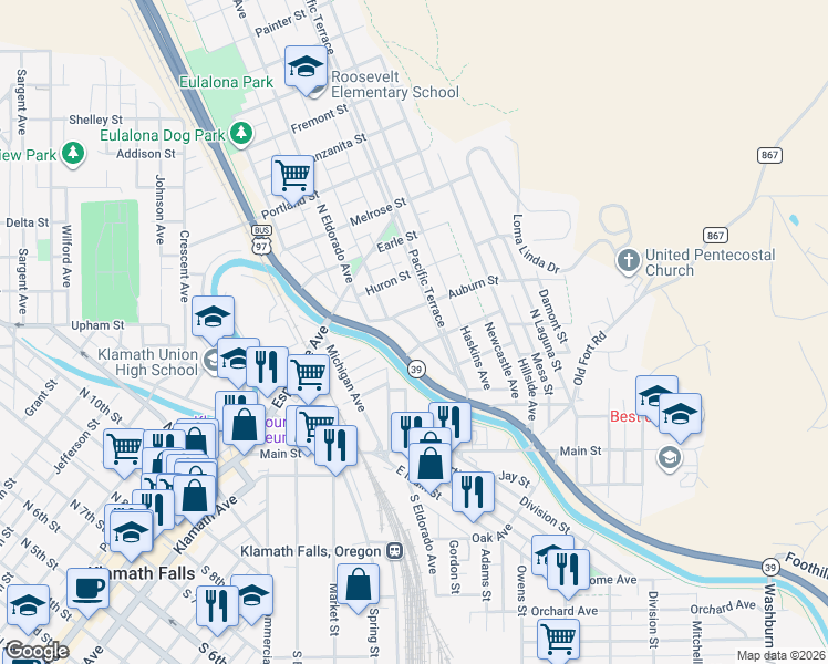 map of restaurants, bars, coffee shops, grocery stores, and more near 1957 Auburn Street in Klamath Falls