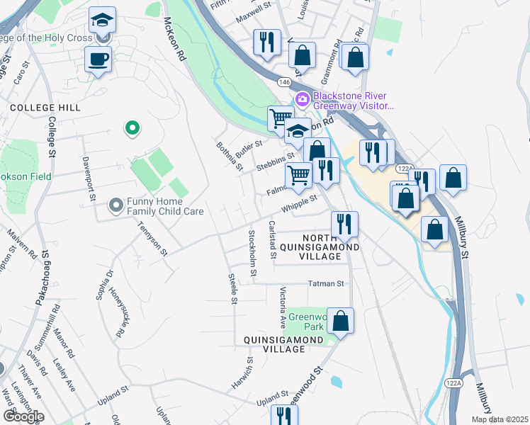 map of restaurants, bars, coffee shops, grocery stores, and more near 29 Falmouth Street in Worcester