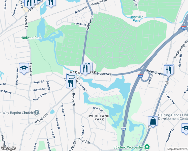 map of restaurants, bars, coffee shops, grocery stores, and more near 191 Hope Avenue in Worcester