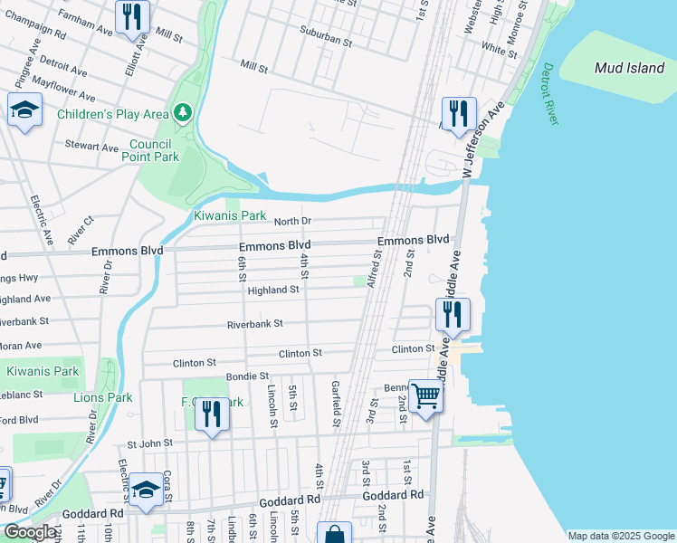 map of restaurants, bars, coffee shops, grocery stores, and more near 319 Kings Highway in Wyandotte