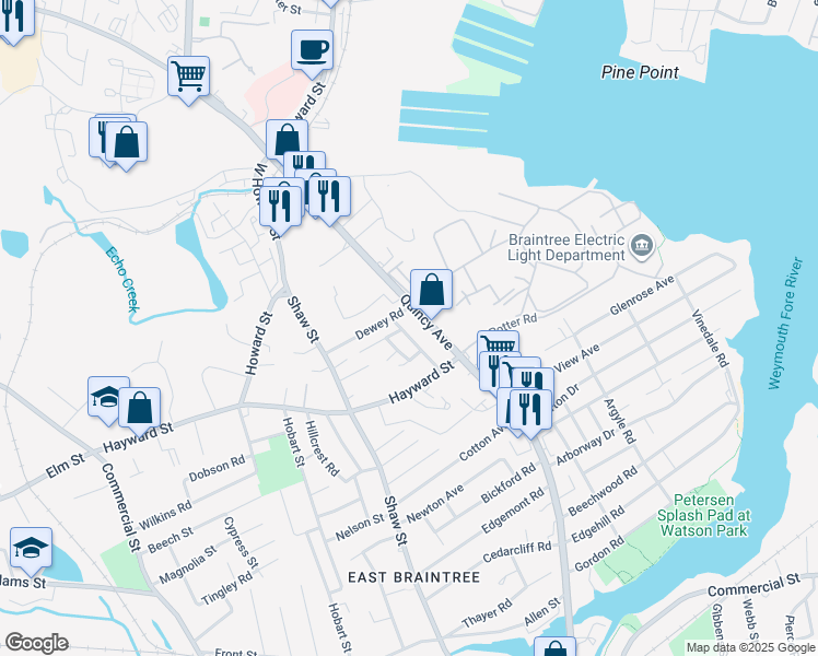 map of restaurants, bars, coffee shops, grocery stores, and more near 332 Quincy Avenue in Braintree
