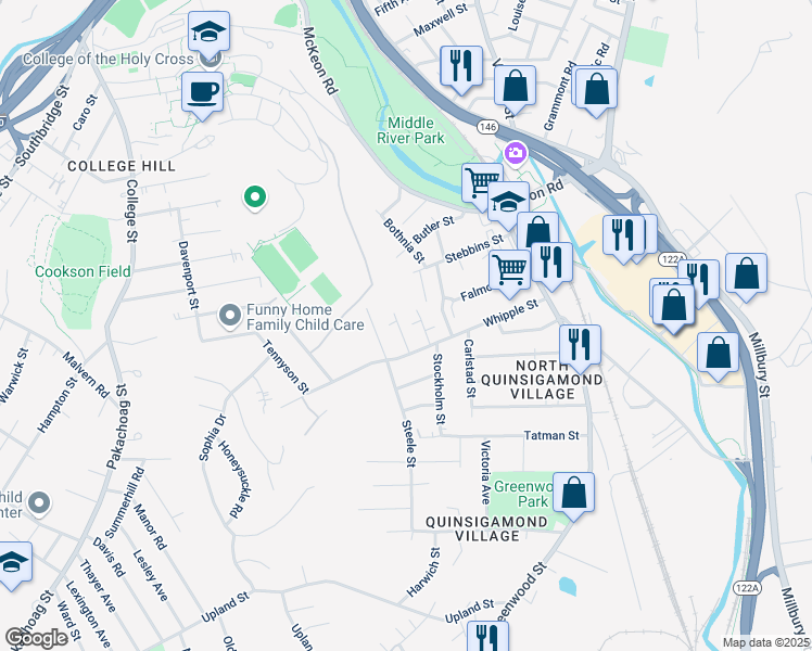 map of restaurants, bars, coffee shops, grocery stores, and more near 8 Beckman Street in Worcester
