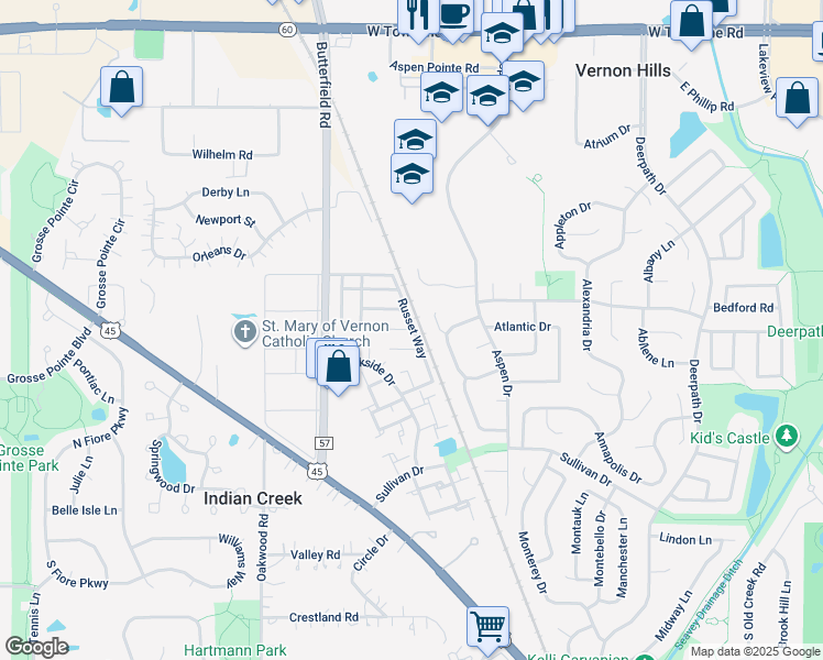 map of restaurants, bars, coffee shops, grocery stores, and more near 324 Mallard Court in Vernon Hills