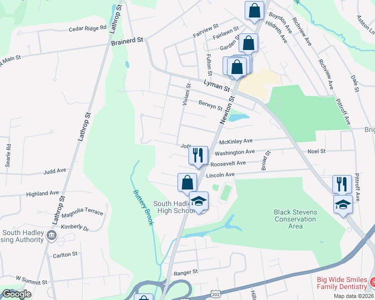 map of restaurants, bars, coffee shops, grocery stores, and more near 45 Viviani Street in South Hadley