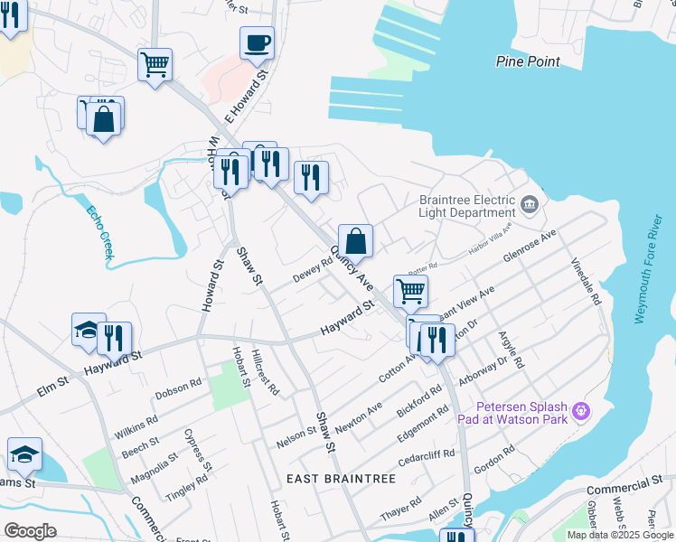 map of restaurants, bars, coffee shops, grocery stores, and more near 332 Quincy Avenue in Braintree