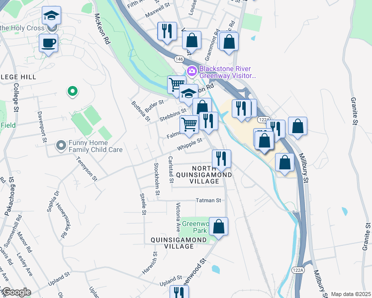map of restaurants, bars, coffee shops, grocery stores, and more near 14 Whipple Street in Worcester