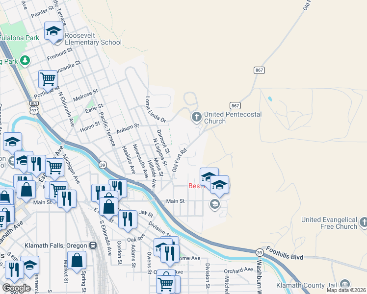map of restaurants, bars, coffee shops, grocery stores, and more near 412 North Wendling Street in Klamath Falls