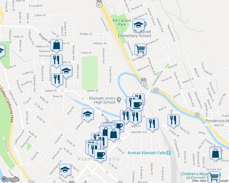map of restaurants, bars, coffee shops, grocery stores, and more near 1049 North Alameda Avenue in Klamath Falls