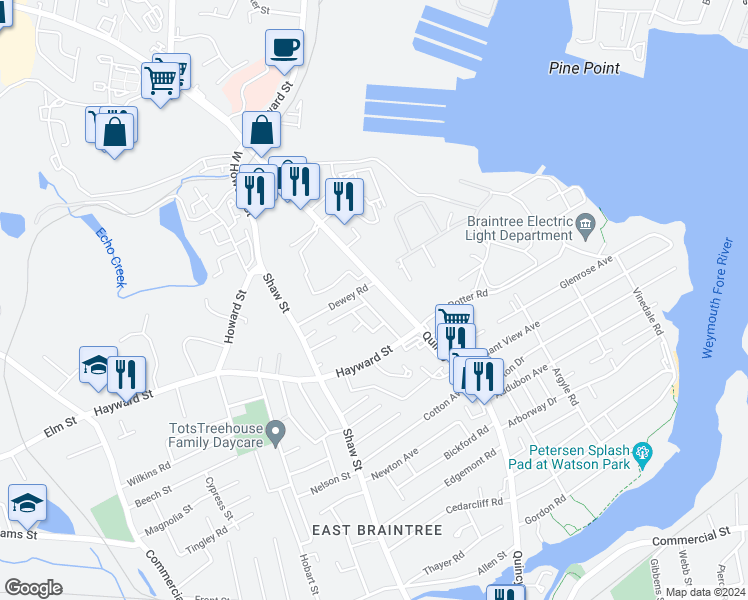 map of restaurants, bars, coffee shops, grocery stores, and more near 332 Quincy Avenue in Braintree