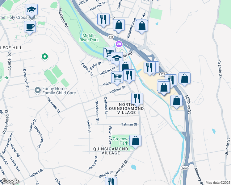 map of restaurants, bars, coffee shops, grocery stores, and more near 14 Whipple Street in Worcester