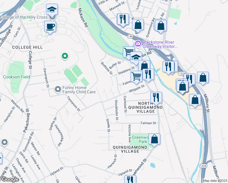 map of restaurants, bars, coffee shops, grocery stores, and more near 2 Arline Street in Worcester