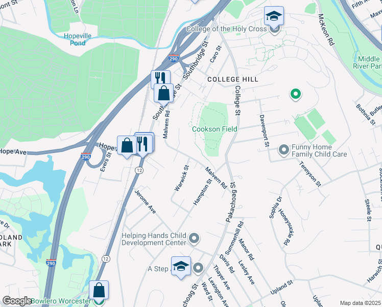 map of restaurants, bars, coffee shops, grocery stores, and more near 47 Heath Street in Worcester
