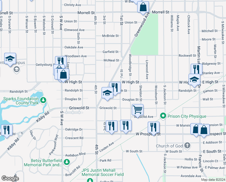 map of restaurants, bars, coffee shops, grocery stores, and more near 405 West High Street in Jackson