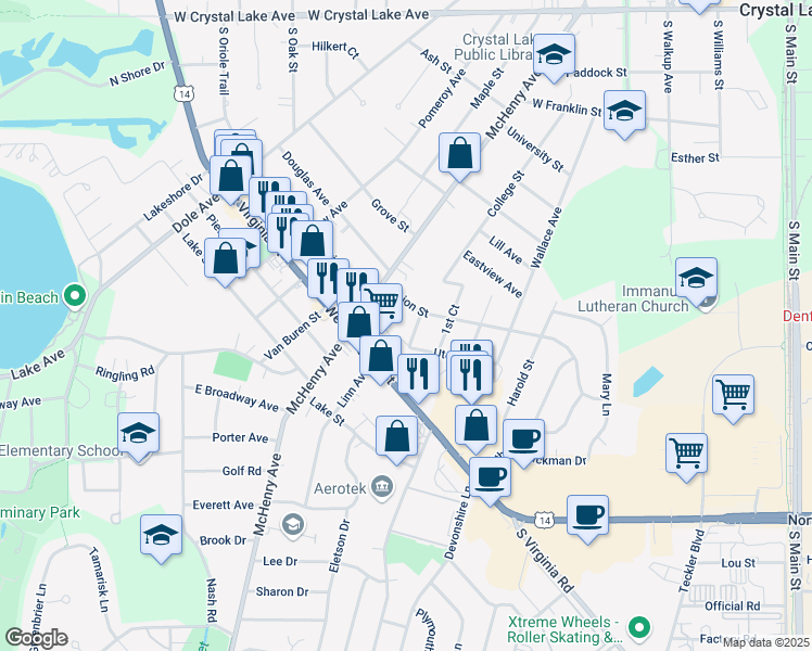 map of restaurants, bars, coffee shops, grocery stores, and more near 295 Union Street in Crystal Lake