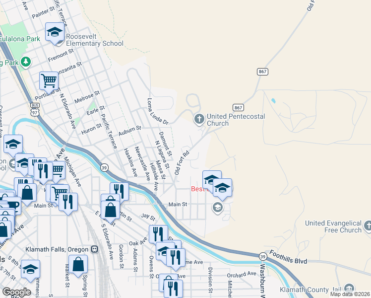map of restaurants, bars, coffee shops, grocery stores, and more near 412 North Wendling Street in Klamath Falls