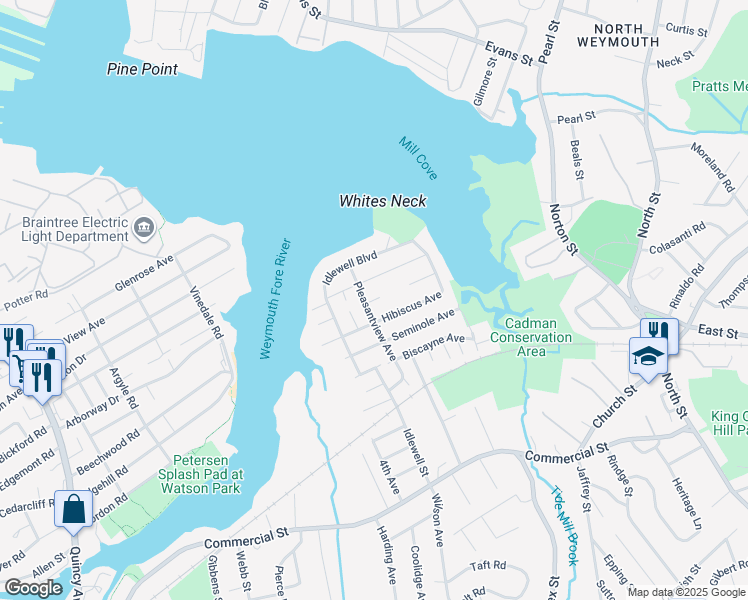 map of restaurants, bars, coffee shops, grocery stores, and more near 52 Clematis Avenue in Weymouth