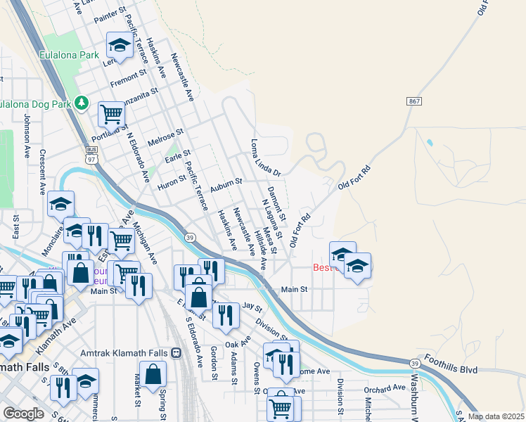 map of restaurants, bars, coffee shops, grocery stores, and more near 2124 Dixon Street in Klamath Falls