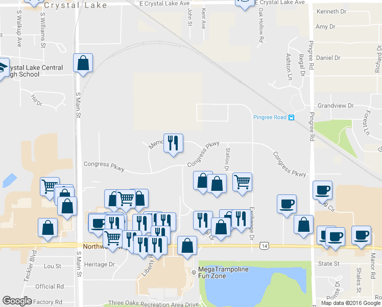 map of restaurants, bars, coffee shops, grocery stores, and more near 345 Memorial Drive in Crystal Lake