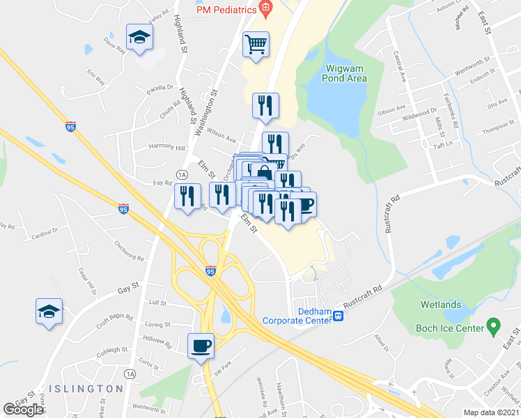 map of restaurants, bars, coffee shops, grocery stores, and more near 736 Legacy Pl in Dedham
