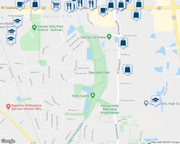map of restaurants, bars, coffee shops, grocery stores, and more near 22 Cherokee Road in Vernon Hills