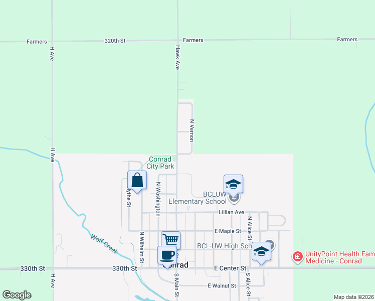 map of restaurants, bars, coffee shops, grocery stores, and more near 119 Alma Street in Conrad