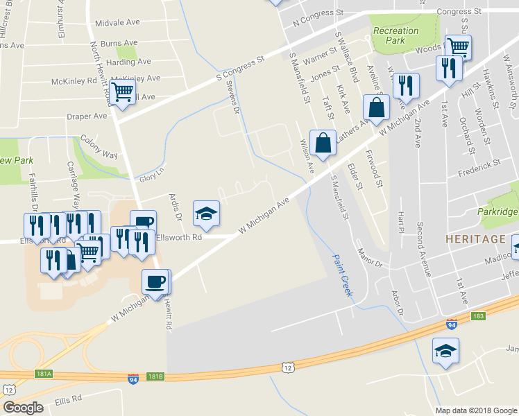 map of restaurants, bars, coffee shops, grocery stores, and more near 1700 West Michigan Avenue in Ypsilanti