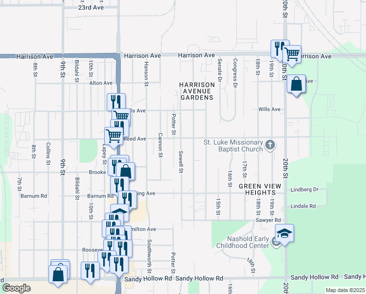 map of restaurants, bars, coffee shops, grocery stores, and more near 2901 Sewell Street in Rockford