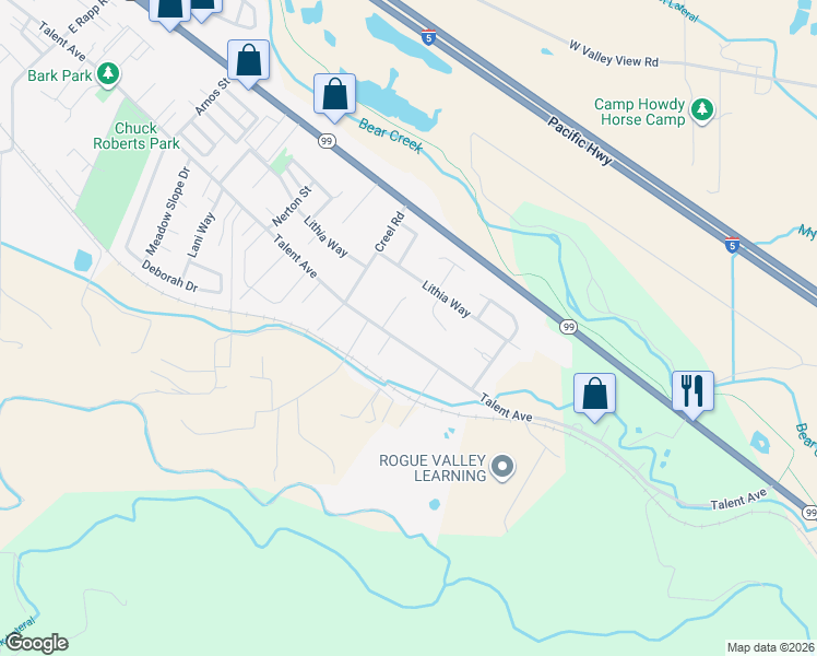 map of restaurants, bars, coffee shops, grocery stores, and more near 128 Faith Circle in Talent