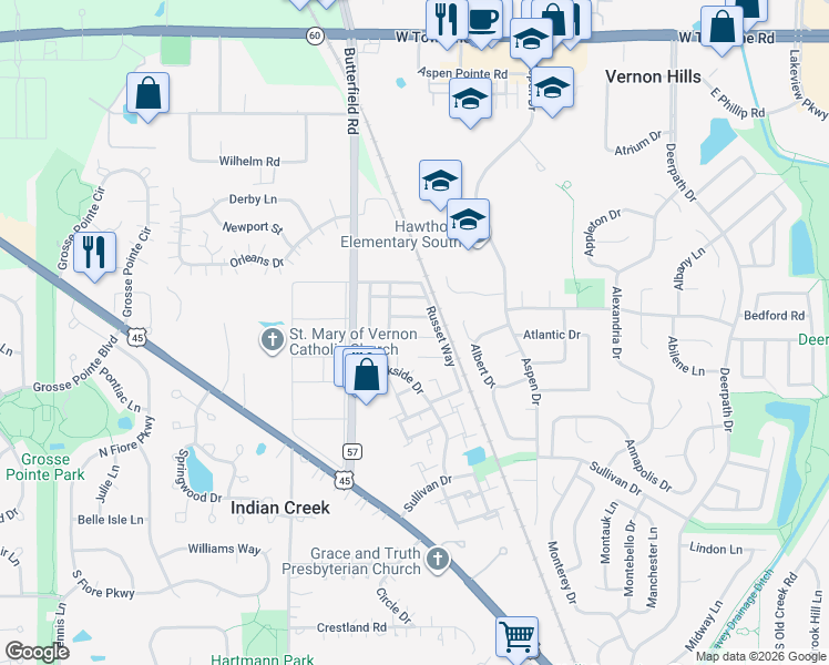 map of restaurants, bars, coffee shops, grocery stores, and more near 344 Mallard Court in Vernon Hills