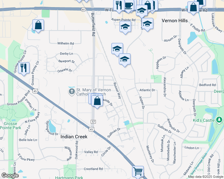map of restaurants, bars, coffee shops, grocery stores, and more near 324 Mallard Court in Vernon Hills