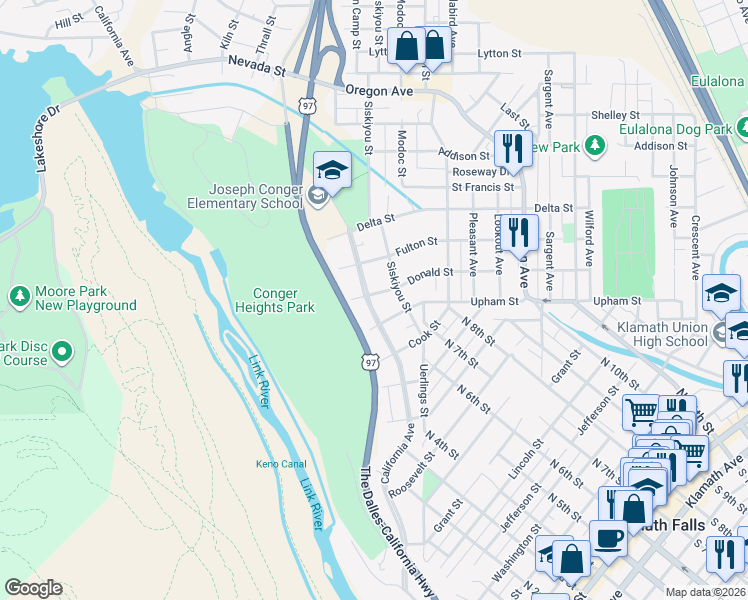 map of restaurants, bars, coffee shops, grocery stores, and more near 1407 California Avenue in Klamath Falls