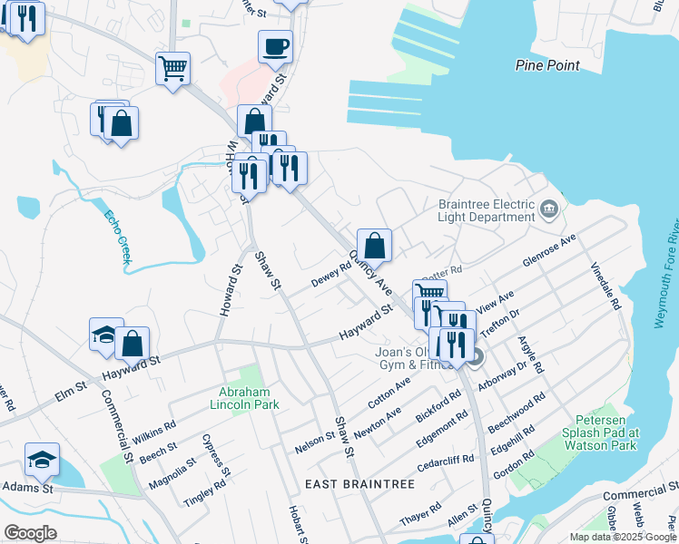 map of restaurants, bars, coffee shops, grocery stores, and more near 332 Quincy Avenue in Braintree