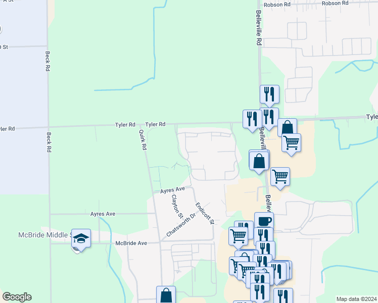 map of restaurants, bars, coffee shops, grocery stores, and more near 46039 Tallgrass Court in Belleville