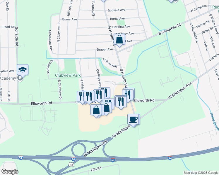 map of restaurants, bars, coffee shops, grocery stores, and more near 230 South Hewitt Road in Ypsilanti