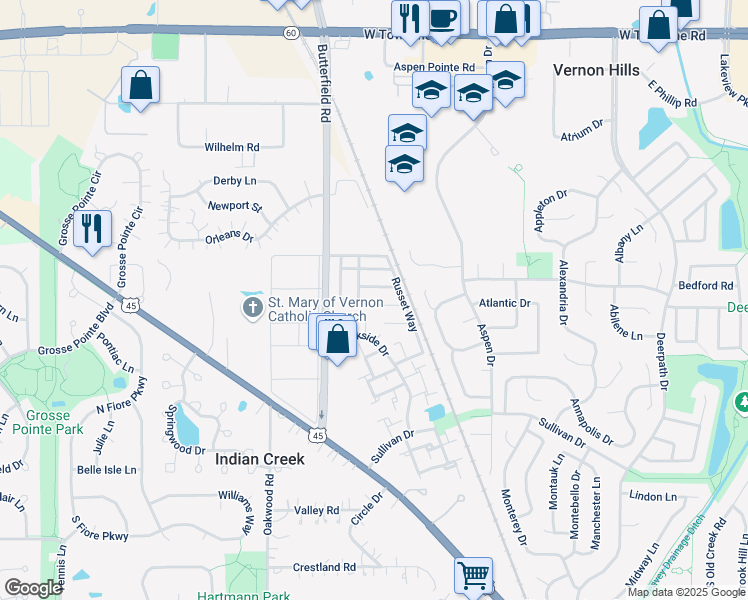 map of restaurants, bars, coffee shops, grocery stores, and more near 348 Farmington Lane in Vernon Hills