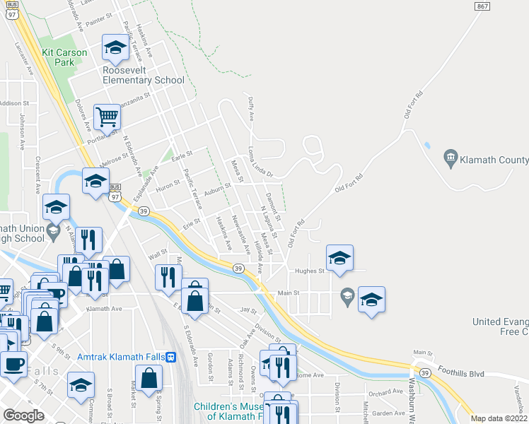 map of restaurants, bars, coffee shops, grocery stores, and more near 398 North Laguna Street in Klamath Falls