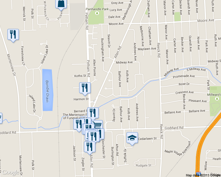 map of restaurants, bars, coffee shops, grocery stores, and more near 18936 Blair Court in Allen Park