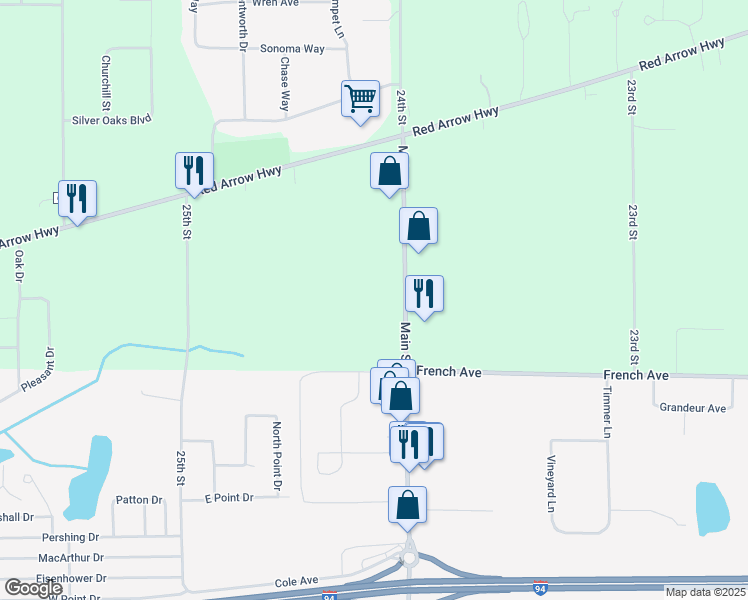 map of restaurants, bars, coffee shops, grocery stores, and more near 51600 County Road 652 in Mattawan