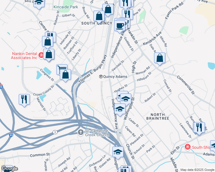 map of restaurants, bars, coffee shops, grocery stores, and more near 194 Independence Avenue in Quincy