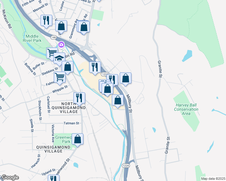 map of restaurants, bars, coffee shops, grocery stores, and more near 7 Tobias Boland Way in Worcester