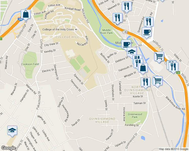 map of restaurants, bars, coffee shops, grocery stores, and more near 21 North Steele Street in Worcester