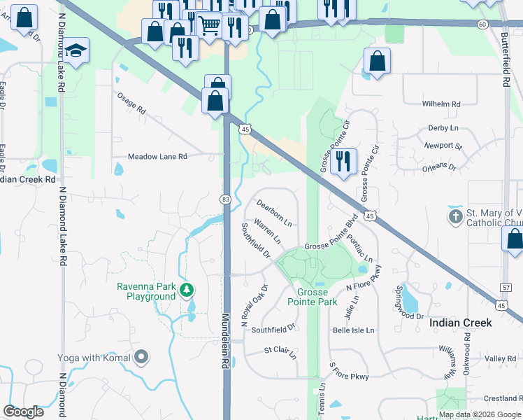 map of restaurants, bars, coffee shops, grocery stores, and more near 1108 Dearborn Lane in Vernon Hills