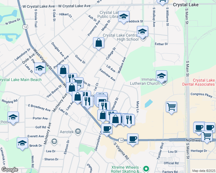 map of restaurants, bars, coffee shops, grocery stores, and more near 184 Union Street in Crystal Lake