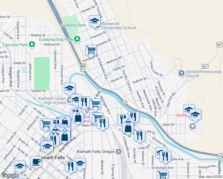 map of restaurants, bars, coffee shops, grocery stores, and more near 517 North Eldorado Avenue in Klamath Falls