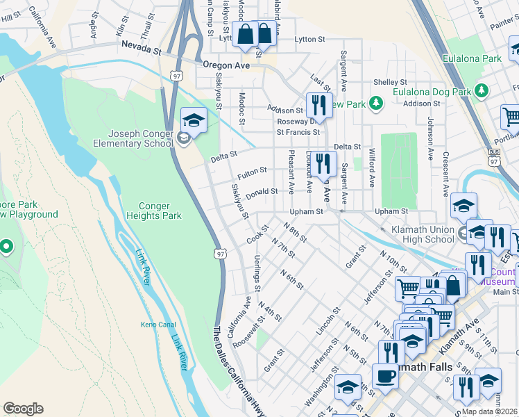 map of restaurants, bars, coffee shops, grocery stores, and more near 503 Upham Street in Klamath Falls